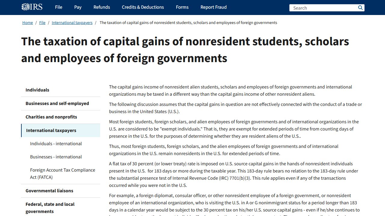 irs.gov official page screenshot: The taxation of capital gains of nonresident students, scholars and employees of